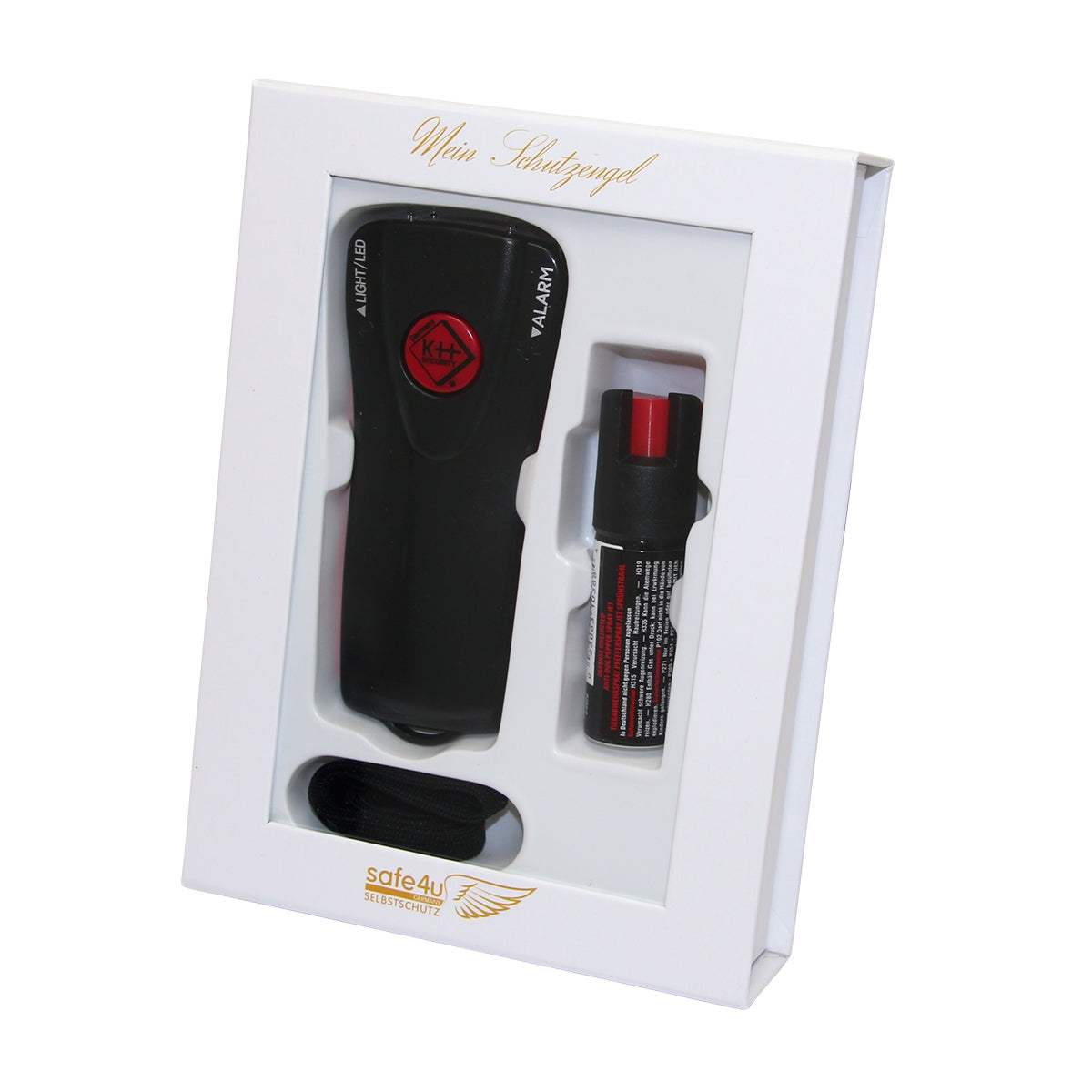 Geschenkbox Selbstschutz mit Alarmtaschenlampe und Pfefferspray in schwarz