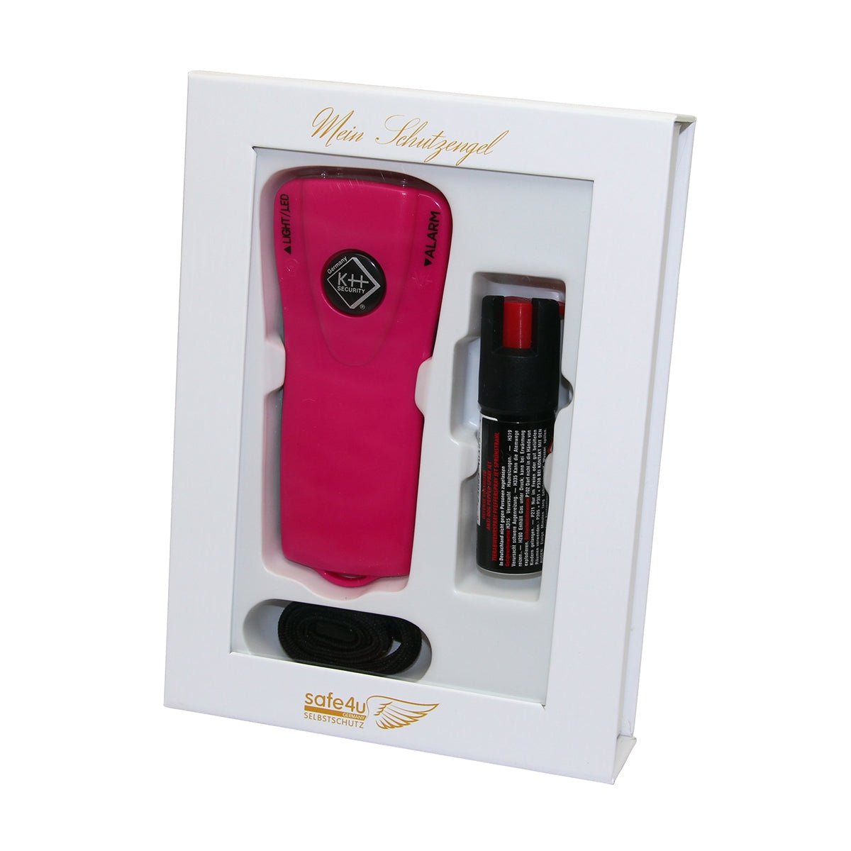 Geschenkbox Selbstschutz mit Alarmtaschenlampe und Pfefferspray in pink.